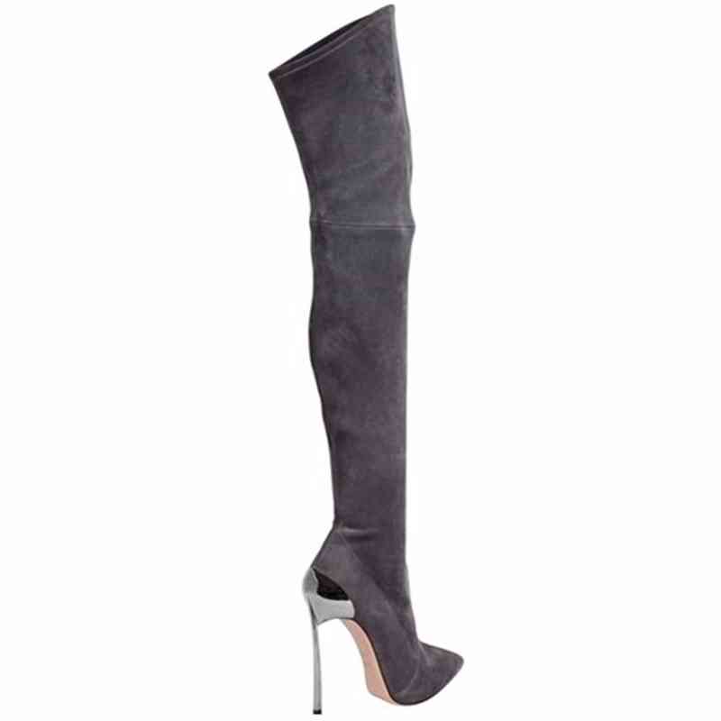 Stivali Arden Furtado Primavera Autunno Grigio sopra il ginocchio Punta a punta Tacchi a spillo Tacchi alti 12cm Gamba dimagrante Slip on Stretch 220906