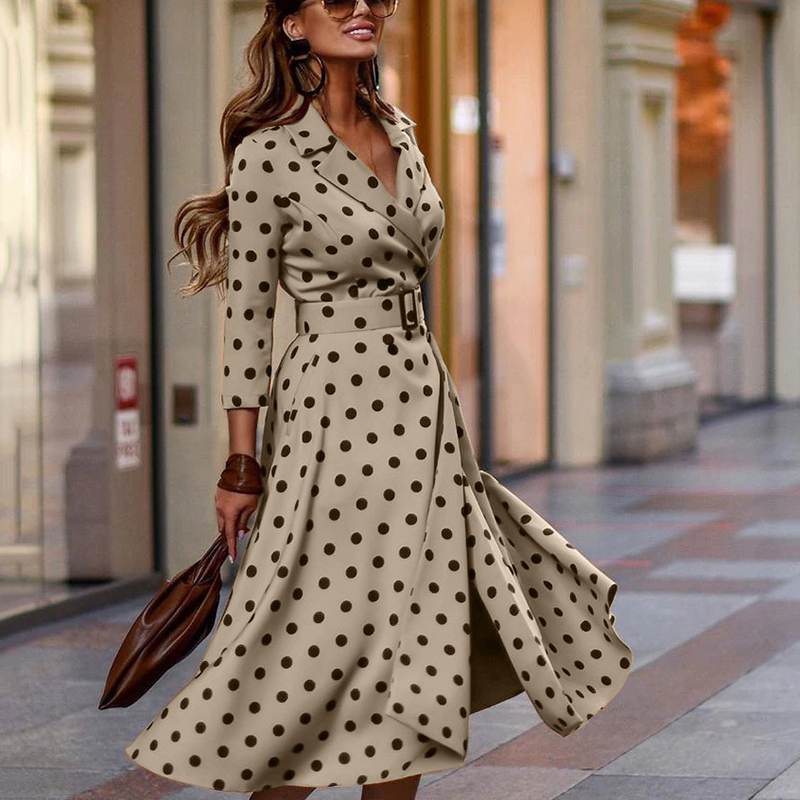 Casual Dresses Y2K Spring Autumn Women's Elegant Fashion VNeck Polka Dot Print ThreeQuarter Sleeve LaceUp Slit Midi Vestido 220906