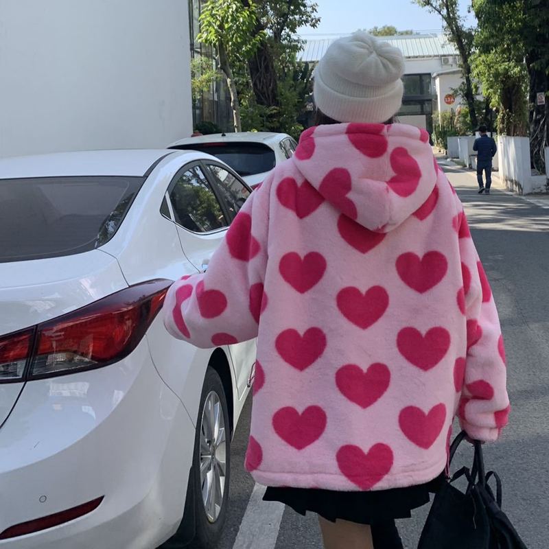 Women's Jackets 90s Harajuku Heart-shaped Print Plush Jacket Women Winter Korean Large Size Long Sleeve Hooded Coat Thick Warm Couple Streetwear 220907