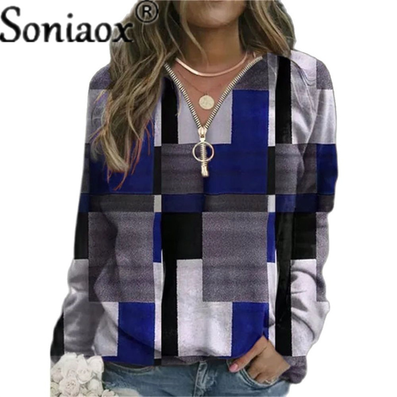 Women's Hoodies Sweatshirts Autumn Women Loose Casual V Neck Zipper Long Sleeve Plaid Top Pullover Streetwear Ladies Fashion 220906