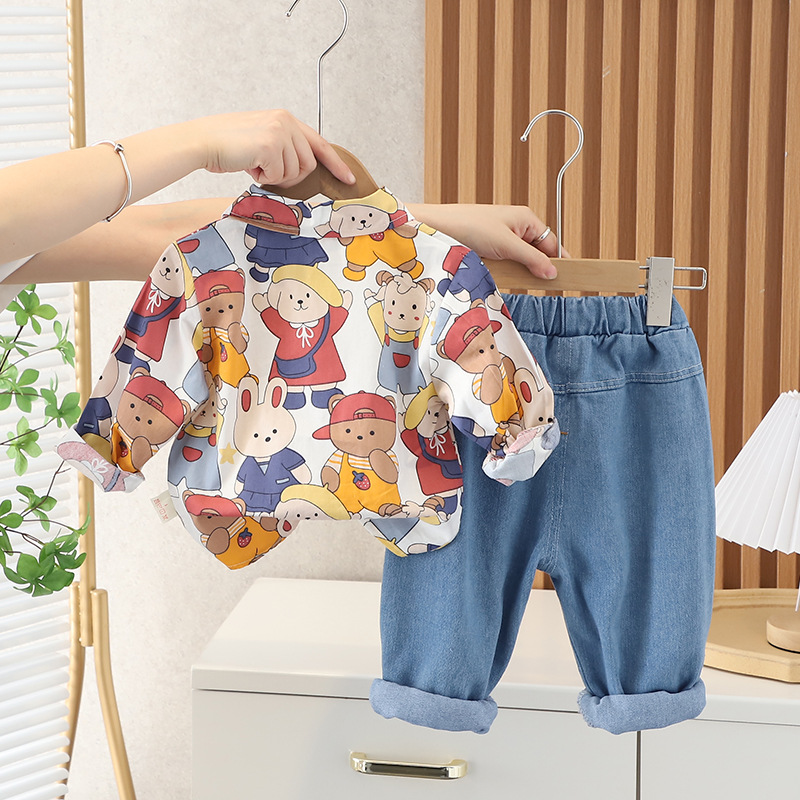 Frühling Baby Mädchen Jungen Kleidung Sets Kleinkind Infant Revers Druck Hemd Jeans Mode Im Freien Kinder Kinder Kostüm