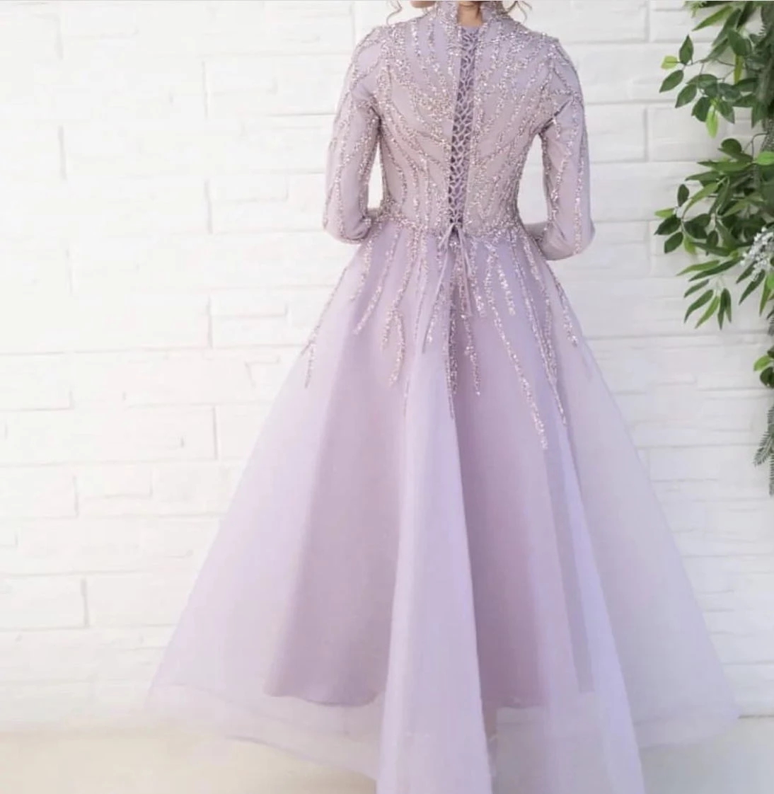 Lilas islamique perles robes De bal cheville longueur Sequin robe De soirée musulmane à lacets dos Organza Vestidos De soirées à manches longues