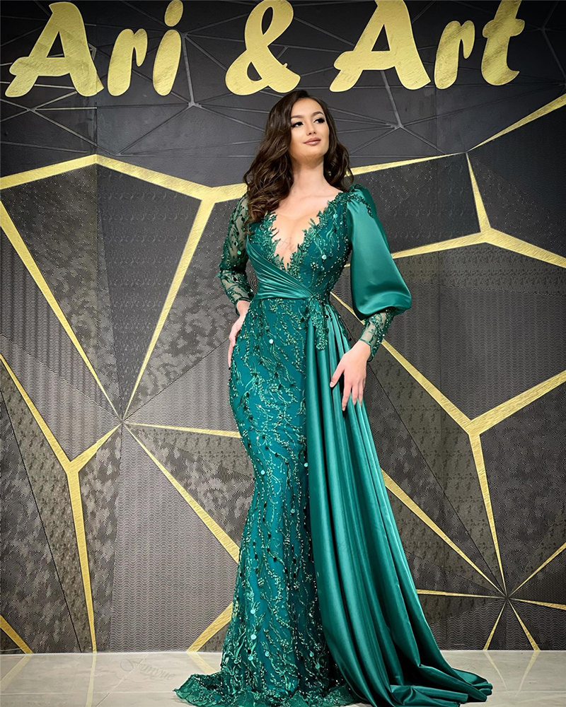 Hunter Green Arabic Prom -klänningar 2023 Dubai Aftonklänningar sjöjungfru spets paljett muslimsk formell klänning Long Vestidos de Gala