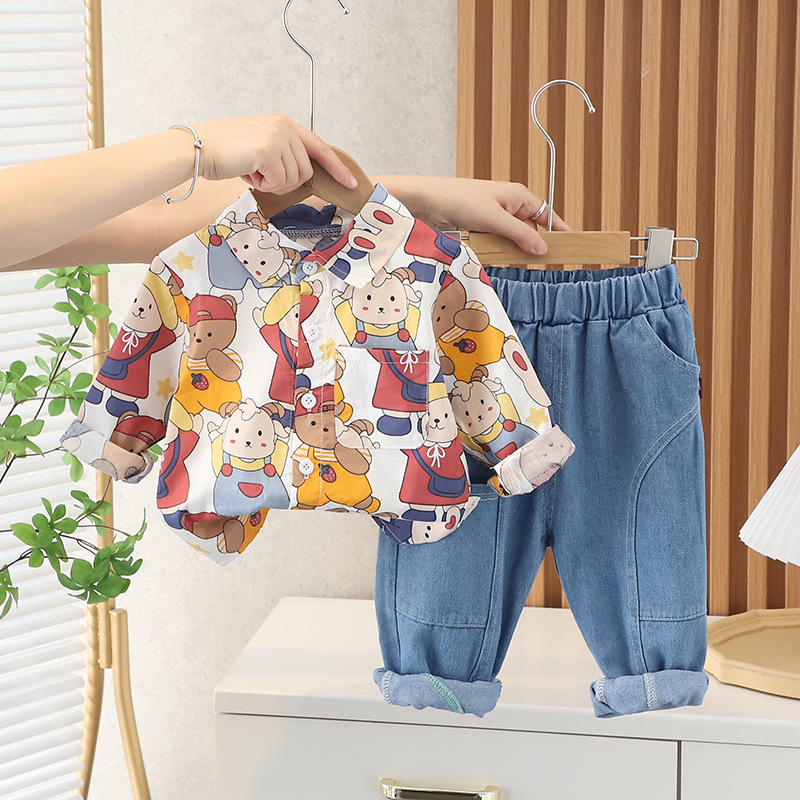 Ensemble de vêtements de printemps pour bébés filles et garçons, chemise en jean imprimé à revers, à la mode, Costume d'extérieur pour enfants