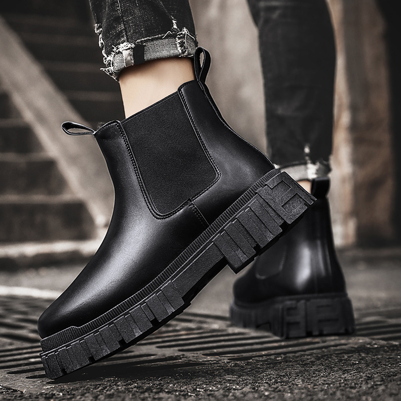 Autumn winter round toe Chelsea boots men waterproof platform casual inner heightened breathable viscose shoes black size 39-44