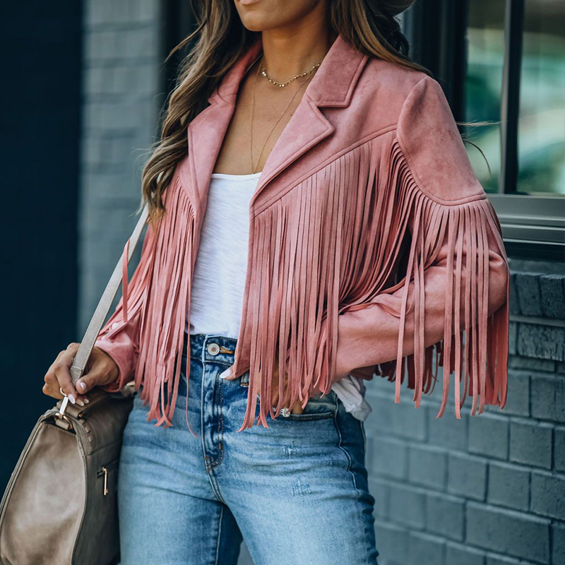 Jaquetas femininas Imcute Womens Vintage Lapela Manga Longa Fringe Cropped Hippie Motor Biker Cardigan Outwears Faux Suede Tassel Jacket 220907