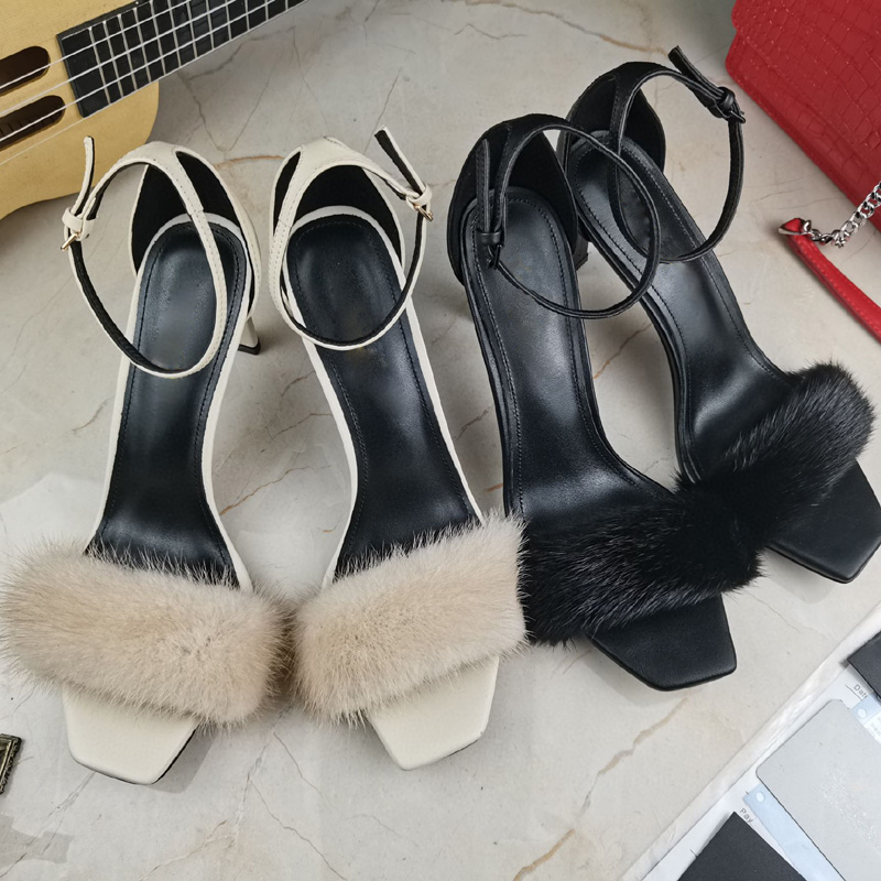 2022 Lady Sheepskin Leather Ladies Sandals 8.5 cm High Heel Shoes Mink Hair Buckle Open Toe Peep-Toe Europe and America Catwalk Wedding Party Storlek 34-42 med l￥da