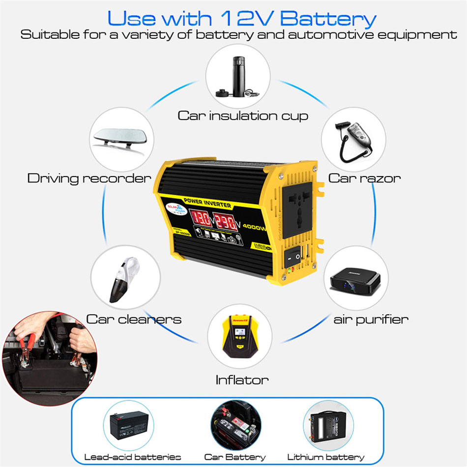 Onduleur de puissance de voiture 4000W, 12V à 110V ac 220V, transformateur de tension, convertisseur d'onde sinusoïdale, onduleur solaire, affichage LED