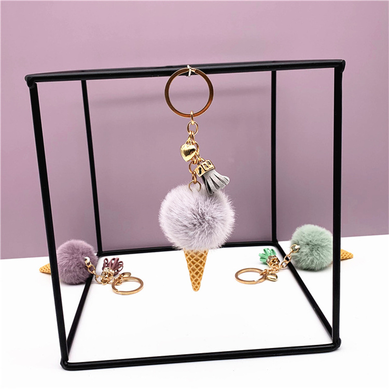 Cute Mini Ice Cream Keychain With Tassel Student Fluffy Pom Pom Velvet Plush Keychains For Girls Bag Decoration Gift3064865