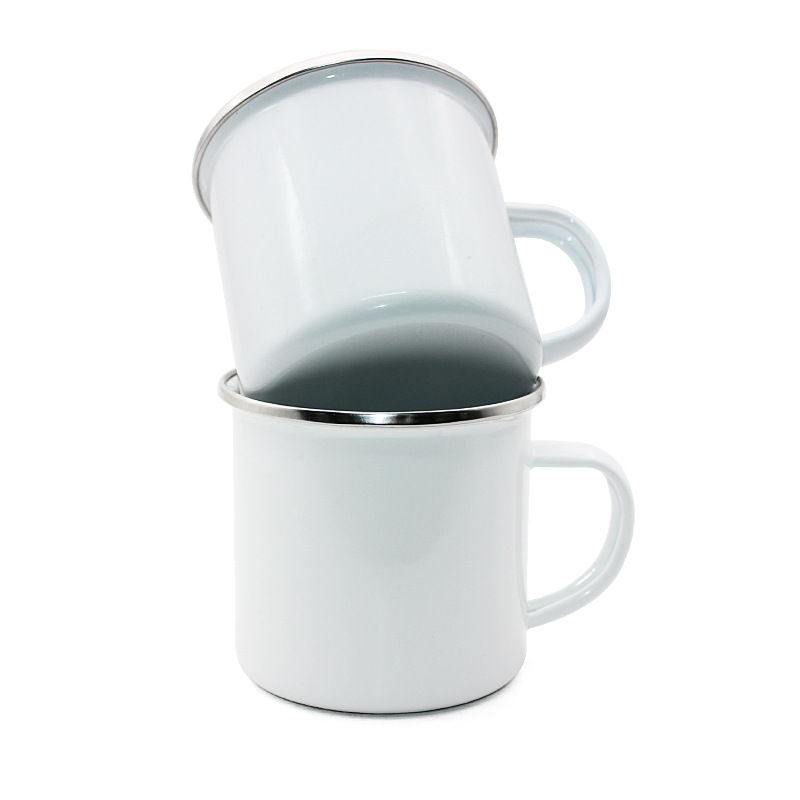 Neue DIY 12oz Sublimation Emaille Tasse mit silbernen Rand 350 ml Edelstahl Emaelled Tasse Griff leere Zahnbecher Wasserkaffeeflaschen