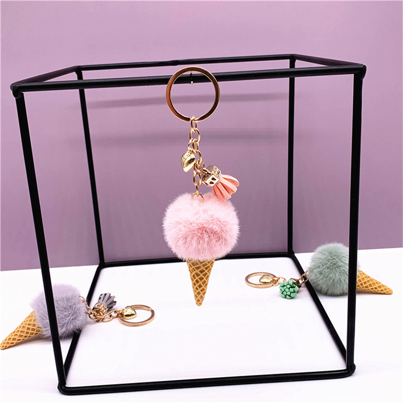 Cute Mini Ice Cream Keychain With Tassel Student Fluffy Pom Pom Velvet Plush Keychains For Girls Bag Decoration Gift3064865
