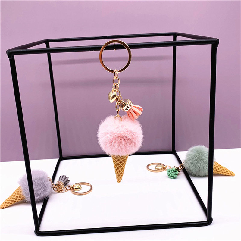 Keychain fofo de mini sorvete com tassel aluno fofo pom pom veludo chaveiro de pelúcia para meninas decoração de bolsa presente1872195