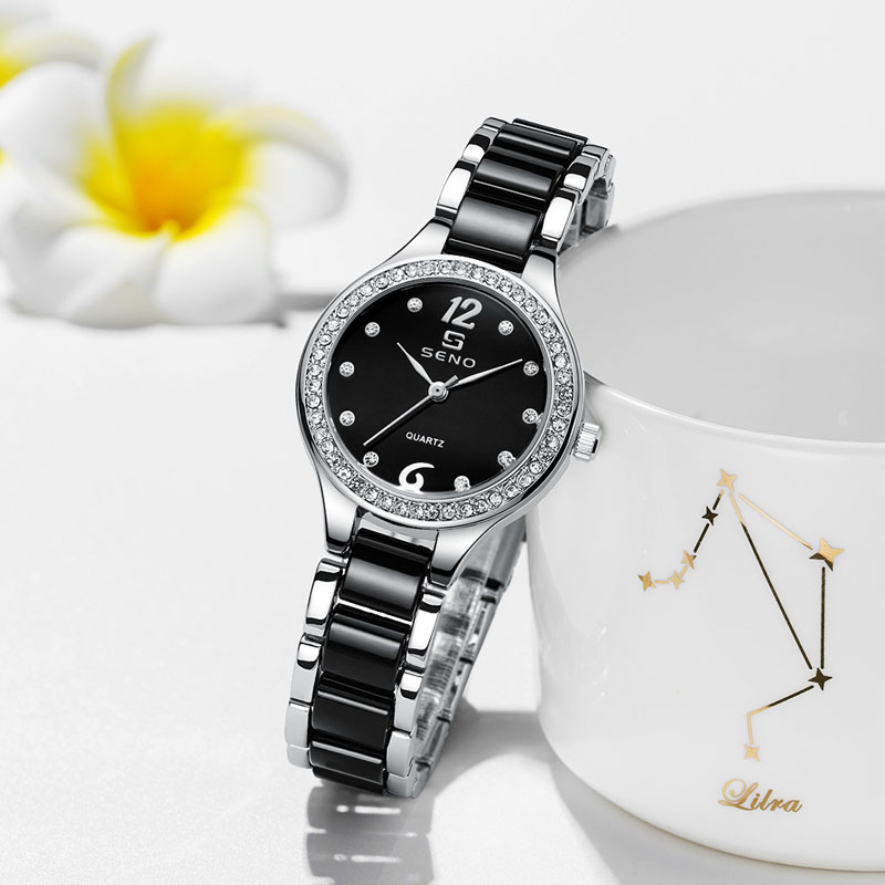 Nouvelles montres-bracelets pour femmes Designers de tempérament Montres à quartz en diamant Bracelet en céramique en acier inoxydable Montre-bracelet étanche en or rose noir pour dame de haute qualité