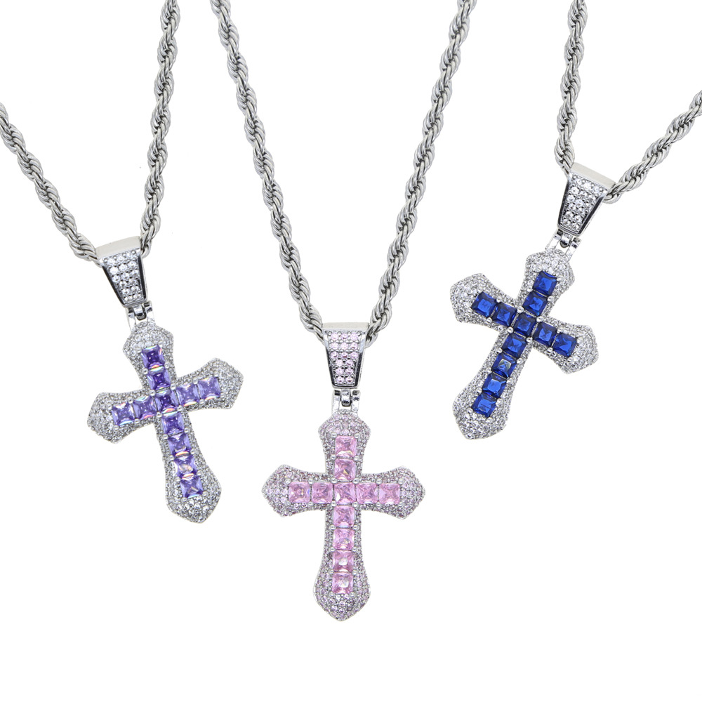 Ins Top Vente Croix Pendentif Bijoux De Luxe 18K Or Blanc Remplissage Princesse Coupe Bleu Saphir CZ Diamant Pierres Précieuses Fête Femmes Mariage 255K