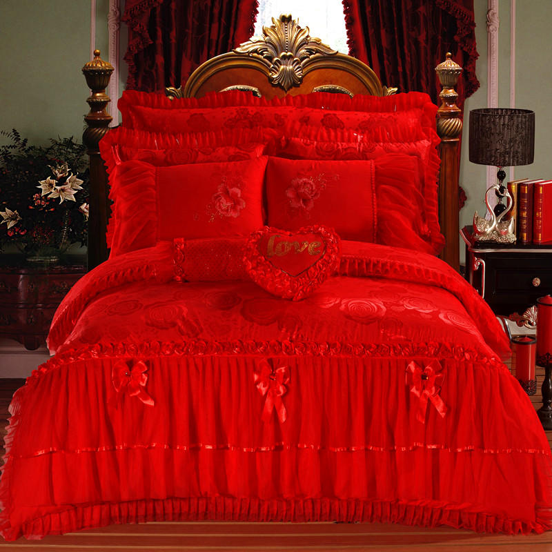 طقم سرير فاخر وردي على شكل قلب من الدانتيل بحجم الملك والملكة أغطية سرير زفاف للأميرة من الحرير / القطن الجاكار الساتان غطاء لحاف ملاءات السرير وأكياس الوسائد المنسوجات المنزلية