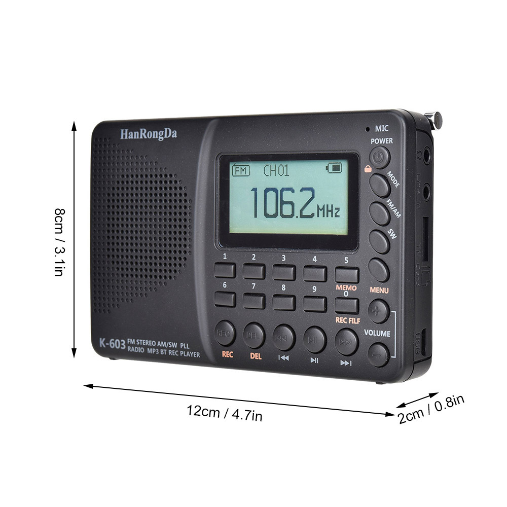 Récepteur radio portable Antenne télescopique Bande complète AM/FM/SW/BT/TF Lecteur radio de poche pour aîné USB MP3 Enregistreur numérique Prise en charge de la carte TF Bluetooth