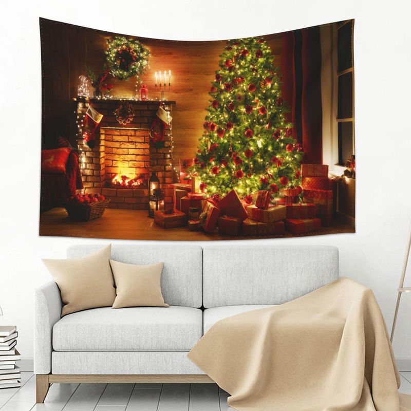 Tapestries Christmas Tapestry Tree And Fireplace Background Mounted Warm Family Wall Hanging Backdrop Home Room Decoration Gift 220908