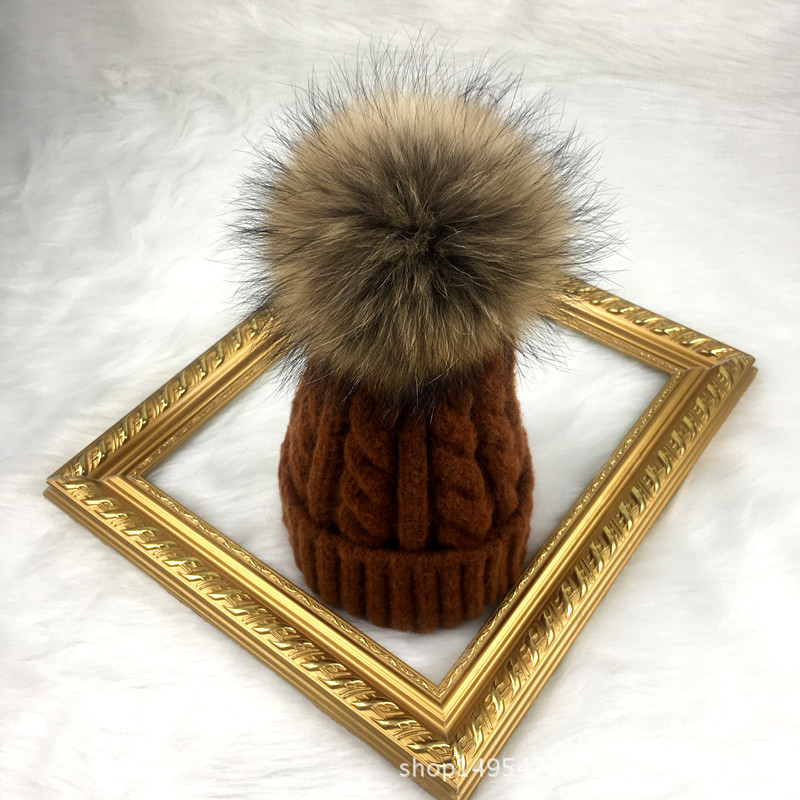 Chap￩u de gorro de malha de inverno feminino com verdadeira raposa de raposa quente pom pom chunky snow chaps pom remov￭vel