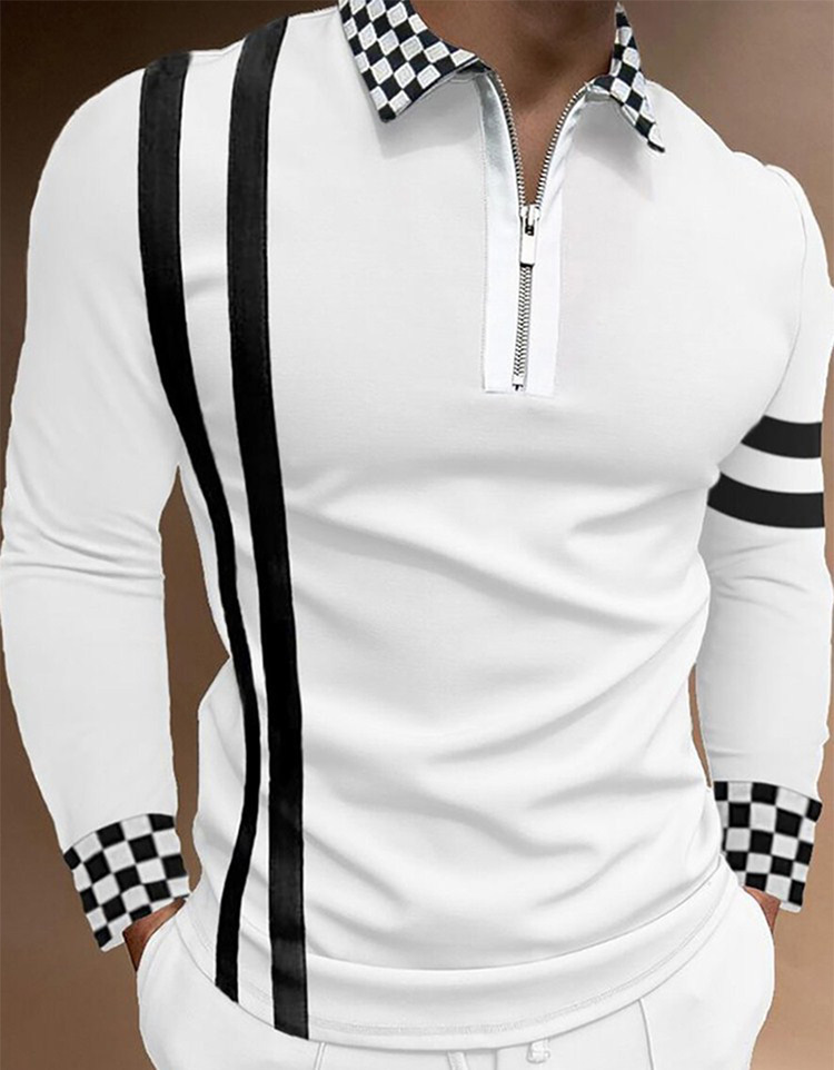 Hommes Polos Noir Blanc Rayé Plaid Casual Automne À Manches Longues Polos Homme Tee Shirt Tops Golf Vêtements Vêtements Pour 220908