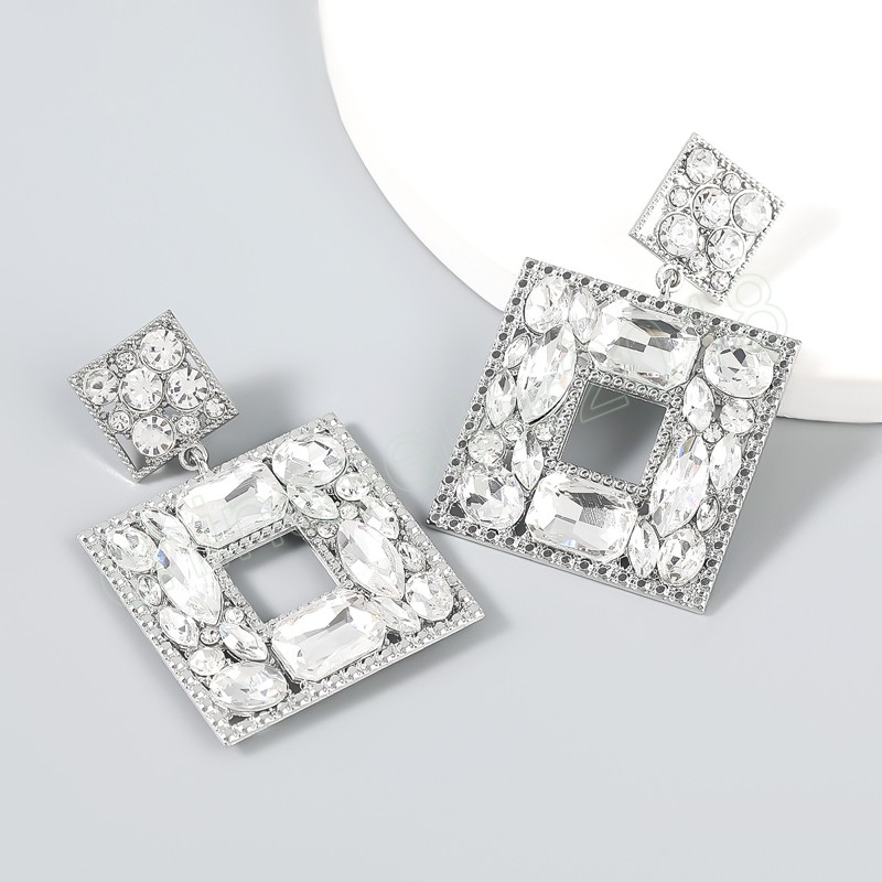 Boucles d'oreilles carrées en métal coloré en cristal, strass géométriques, accessoires de bijoux pour femmes