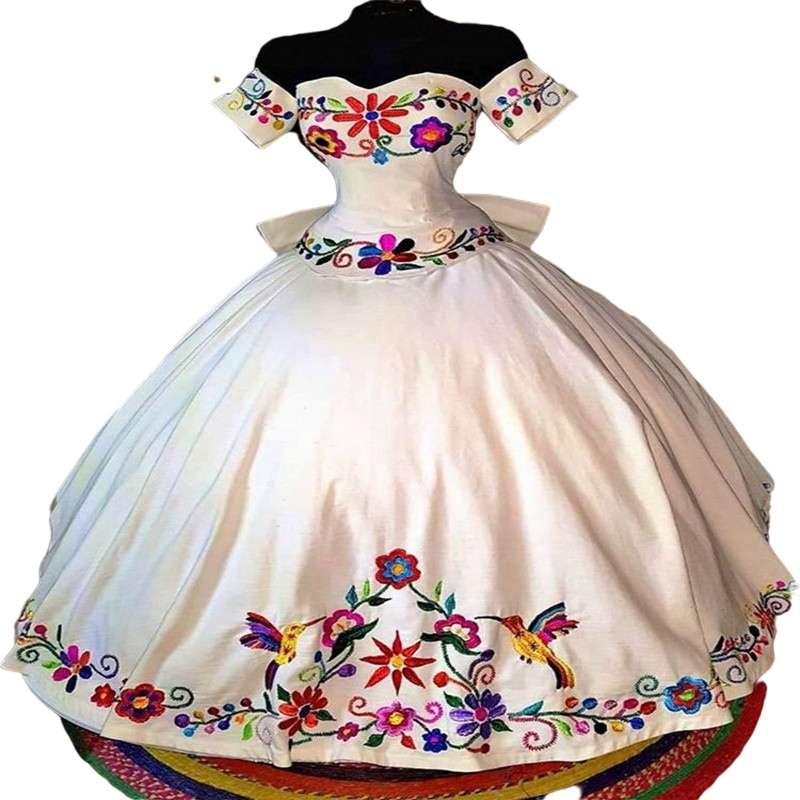 Mexican Charro Quinceanera Dresses Theme Colorful Embroidered Off Shoulder Satin Lace-up prom Sweet 16 Vestidos 15 Anos gown