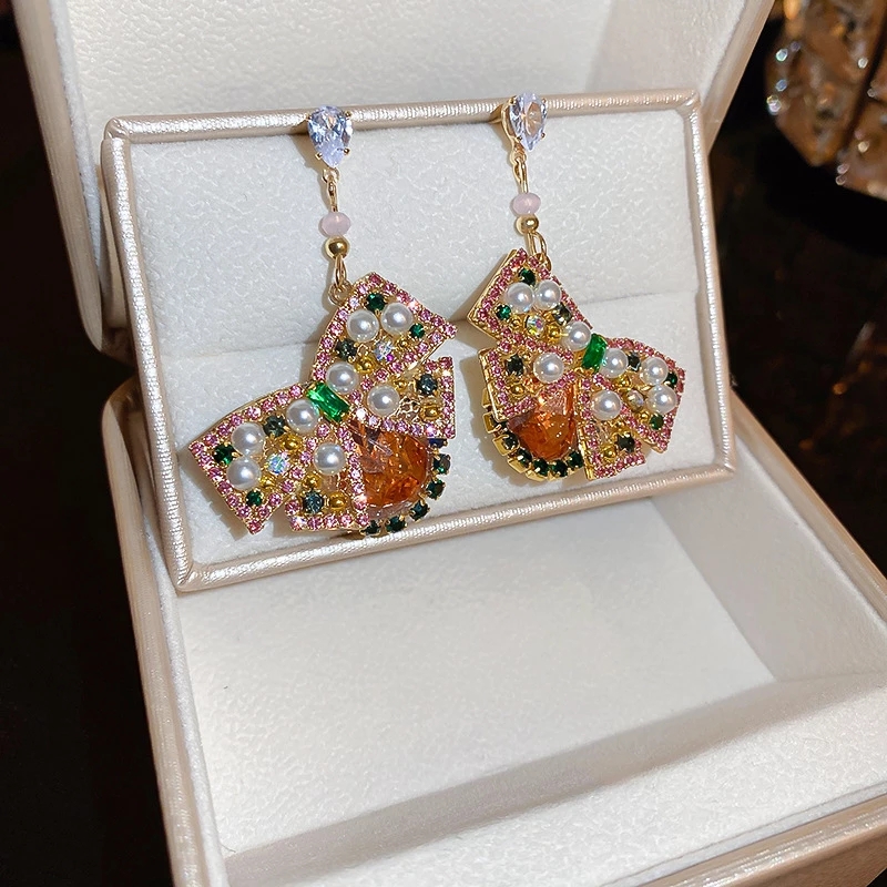 Dangle & Chandelier Pearl diamond-encrusted bow earrings Korea light luxury small design earrings