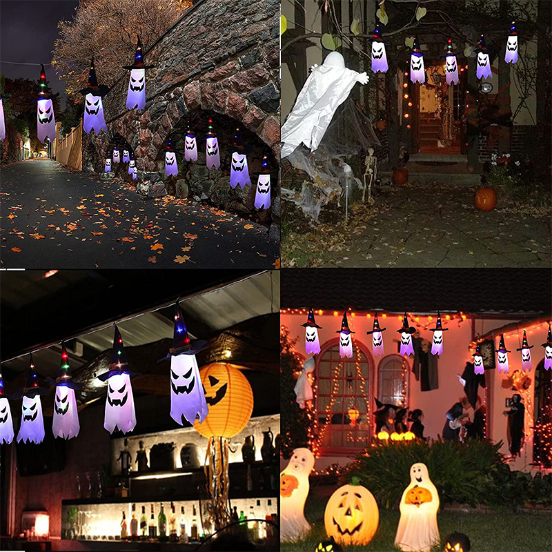 Decora￧￣o de festa Halloween luzes LEDs penduradas l￢mpadas fantasmas Halloween Dress Up Glow Wizard Hat Hat L￢mpada de terror Props Home Bar Outdoor Indoor 220908