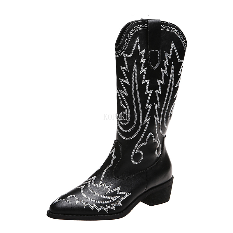 Boots Women Mid Calf Western Cowboy Pointed Toe Knee High Pull on Ladies Fashion Leather Embroidery Botas Mujer 3543 220908