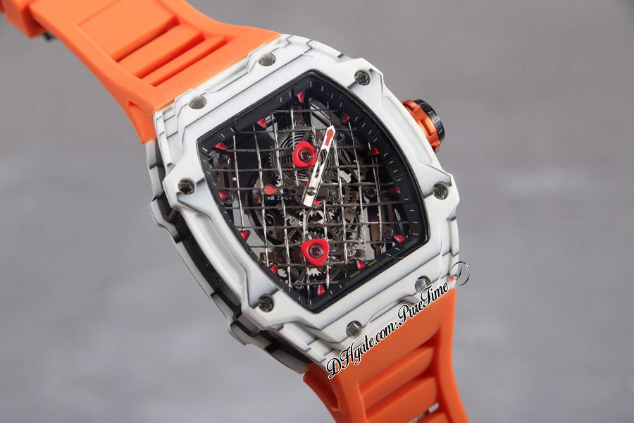 27-04 TOURBILLON RAFAEL NADAL A21J Automatisk herrklocka 2022 Vitt kolfiberfodral Tennisracket Skeleton Dial Red Crown Orange Rubber Strap 7 Style Puretime A1