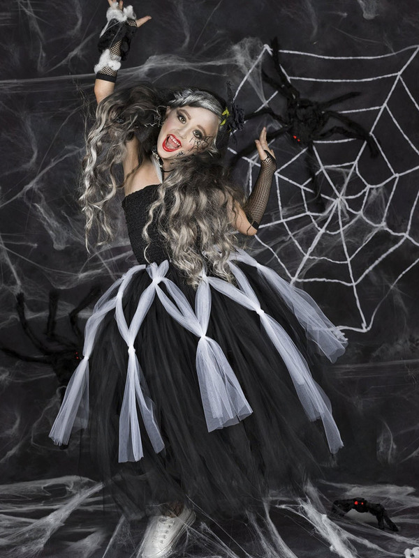 Occasioni speciali Ragazze nere senza maniche Costume da strega fantasma di Halloween Abito bambini Abiti da tutu con guanti a rete Abito da festa di carnevale bambini 220908