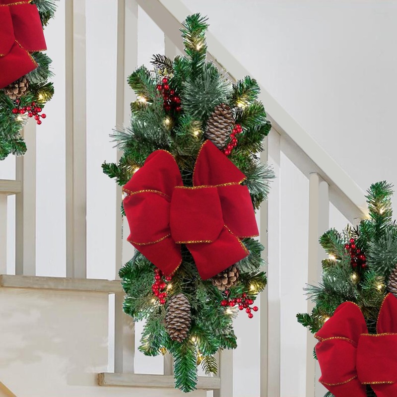 Faux verdure florale 1 pièce, garniture de décoration d'escalier pré-éclairée sans fil, décoration d'escalier de noël, couronne LED d'escalier Swag Tr2161647