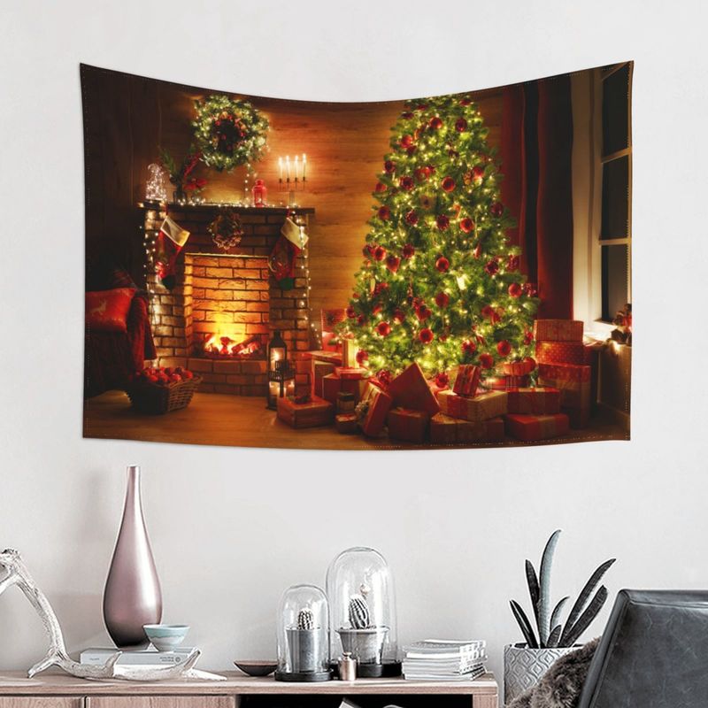 Tapestries Christmas Tapestry Tree And Fireplace Background Mounted Warm Family Wall Hanging Backdrop Home Room Decoration Gift 220908