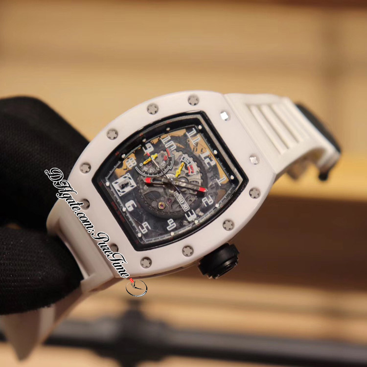 030 Белый Rush A21J Автоматические мужские мужские часы 2022 Керамический корпус скелетный циферблат Маркеры белый резиновый ремешок 3 стиль Puretime B2