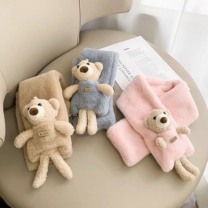 Cartoon Bear Plush Kids Scarf Cross Collar Boys Girls Scarf Imitation Rabbit Fur Winter Warm Children Scarves Gift