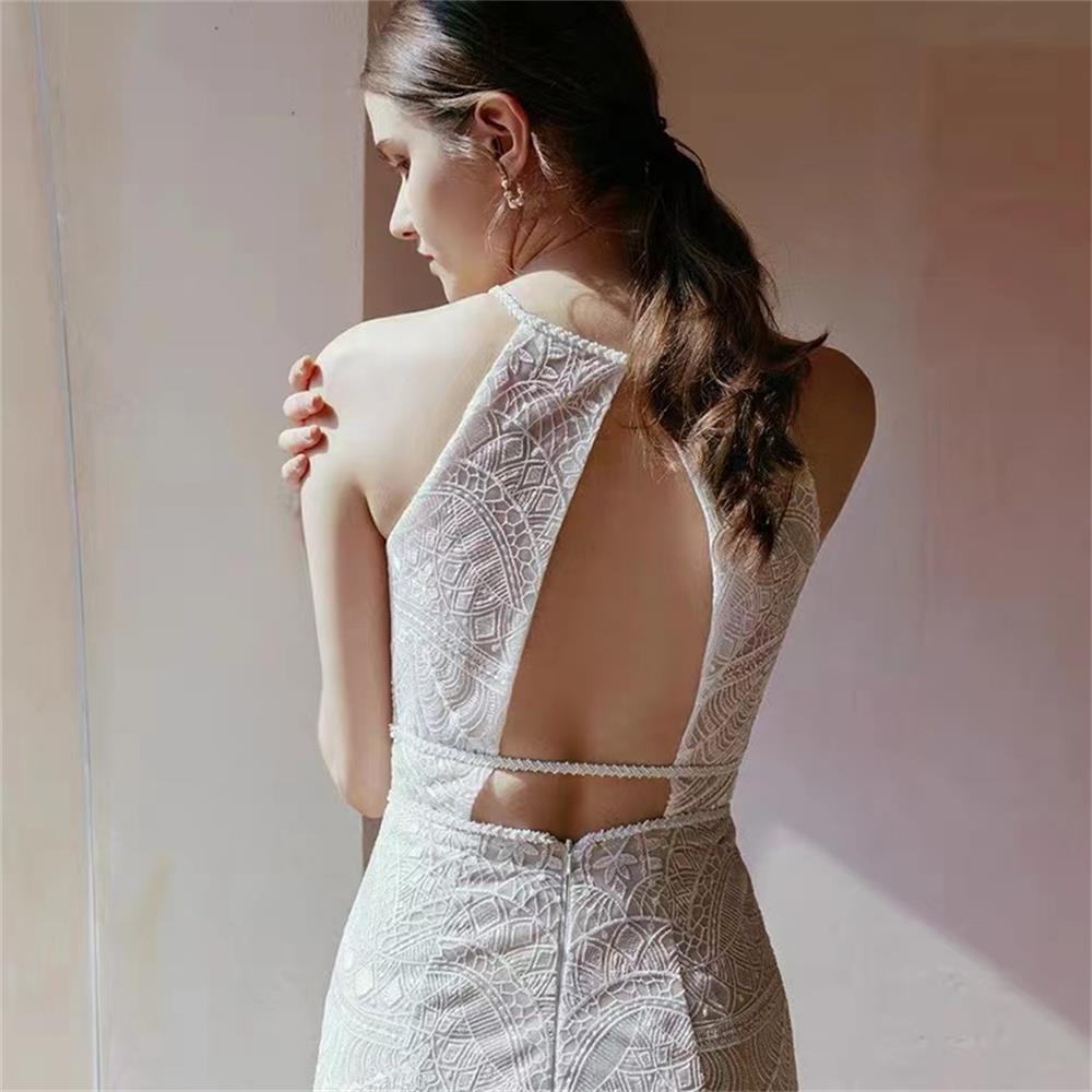 Abito da sposa leggero retrò senza schienale in pizzo senza schienale in stile Boho LD8018