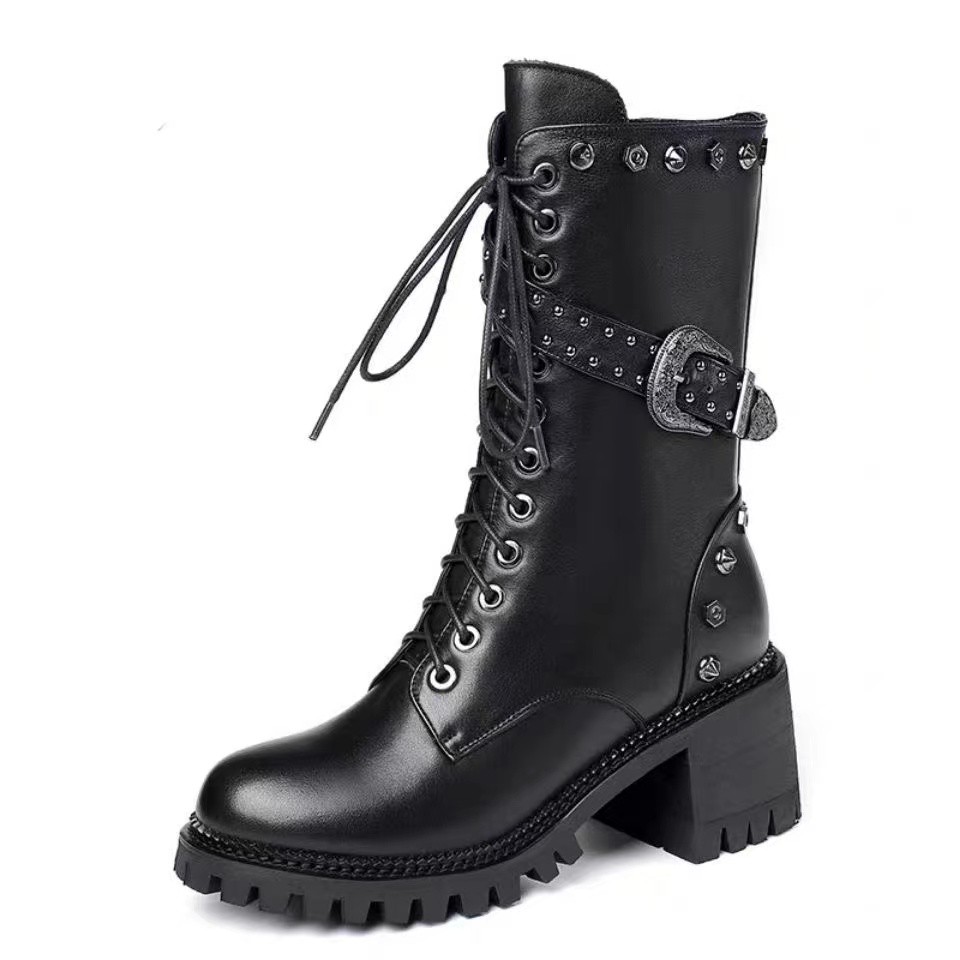 Stivali alti Chelsea estivi da donna 2022 Scarpe nuove con tacco invernale Moda sexy décolleté caldi con caviglia Décolleté con lacci Piattaforma sportiva da donna Tacco nero in pelle PU