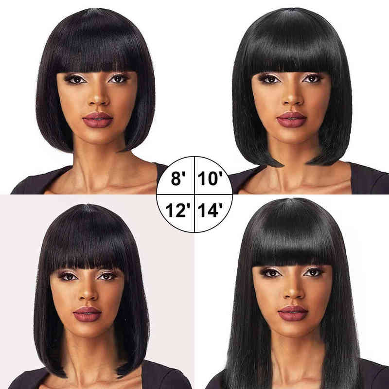 Синтетические парики прямые боб человеческие волосы с челкой короткие бразильцы для женщины без кружева полная машина сделано T220907