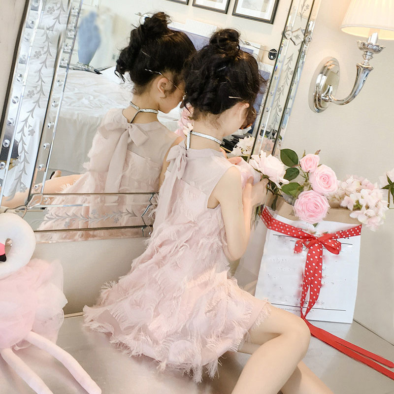 Abiti da ragazza Summer Girls Dress Princess Style Back Bow Feather Chiffon Mesh Adolescenti 5 7 9 11 13 anni Abbigliamento bambini grandi 220908