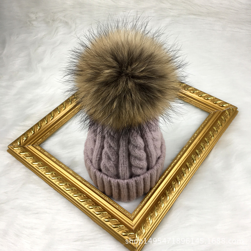 Chap￩u de gorro de malha de inverno feminino com verdadeira raposa de raposa quente pom pom chunky snow chaps pom remov￭vel