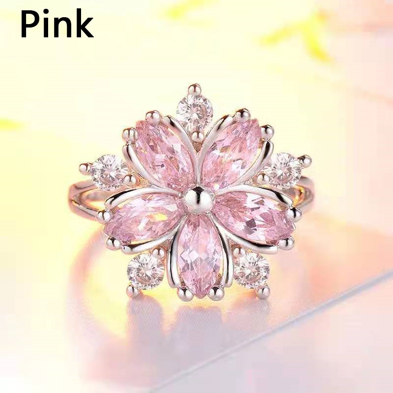 Cute Female Pink Crystal Stone Finger Ring Charm Silver Color Thin Wedding Rings For Women Bride Flower Zircon Engagement Bands