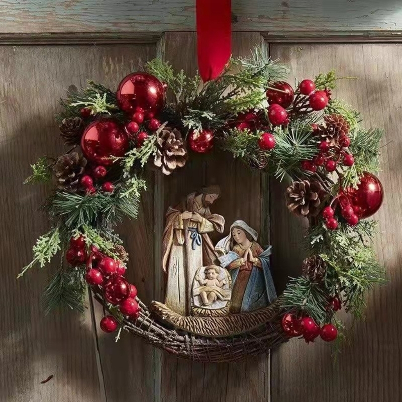 Faux Floral Verdure Noël Nativité Sainte Famille Couronne avec Baies Artificielles Verdure Arc Jésus Christ Suspendu Guirlande Noël Porte D'entrée Décor 220908