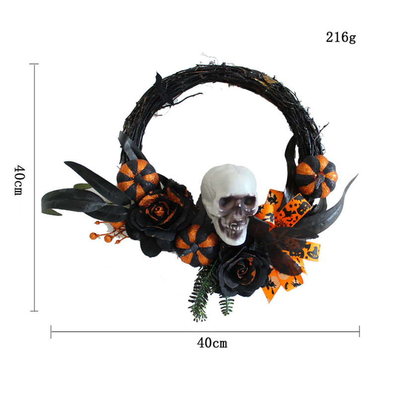 Faux Floral Greenery Halloween Skull Pumpkin Wreath Front Door Hanging Holiday Horror Decorations Haunted House Atmosphere Decorative for Wall Door 220908