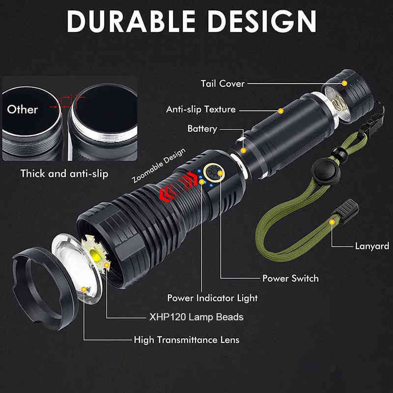 Latest 5000Mah XHP120 Led Flashlight Usb Rechargeable High Power Flashlight Super Bright Tactical Flashlight 18650 26650 J220713