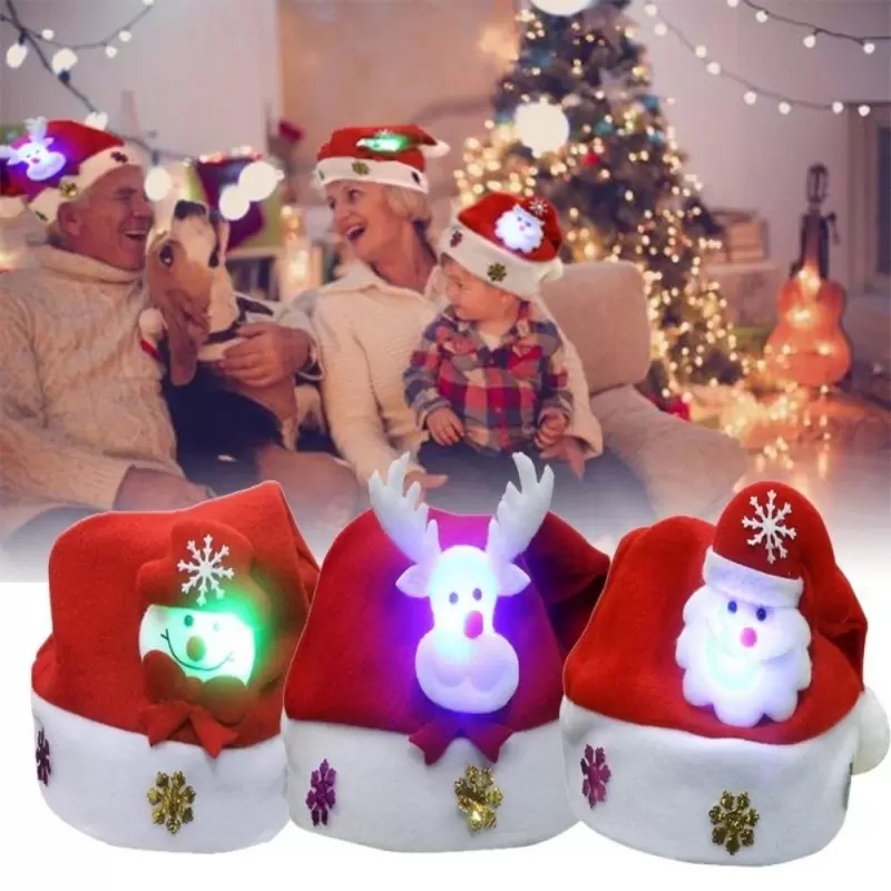 Hats New Year LED Light Up Xmas Christmas Party Night Santa Hat Kids Adult Santa Claus Reindeer Snowman