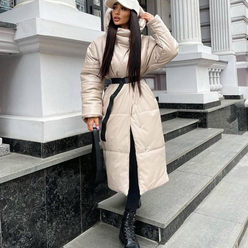 Kvinnor Down Parkas CP PU Tie Belt Slim Parkas Women Fashion Winter Hooded Long Coats Women Elegant Solid Faux Leather Cotton Jackets Female Ladies 220909