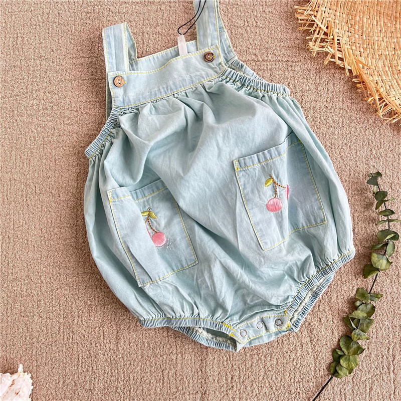 Overalls EnkeliBB Kleinkind-Mädchen-Jeans-Overall, superschöner Baby-Mädchen-Sommer-weicher Overall, hellblau und blutig, Kirsche, Regenbogen-Stickerei, 220909