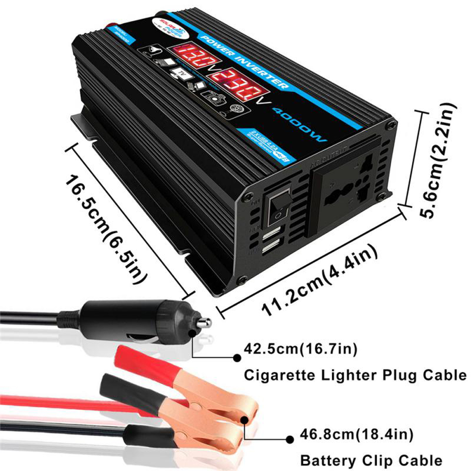 4000W 12V till 220V/110V LED -bilströmomvandlare Konverterare Laddaradapter Dubbel USB -spänningstransformator Modifierad sinusvåg