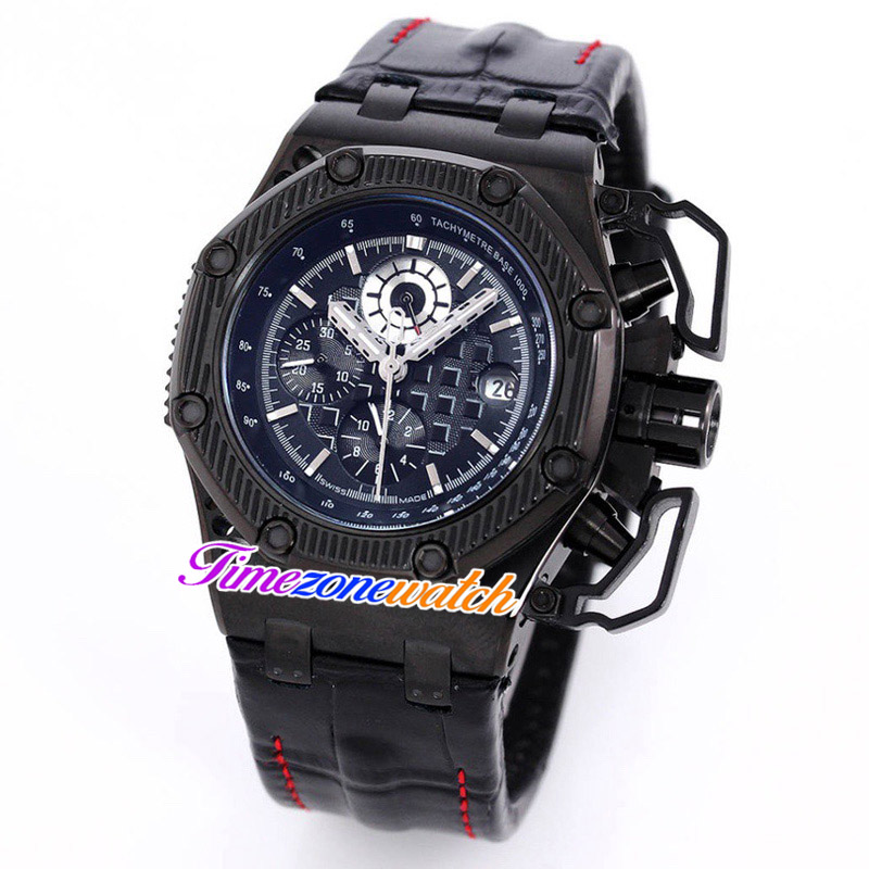 44mm Survivor 26165IO Montre automatique pour homme 26165 Cadran noir texturé PVD Boîtier en acier noir Cuir rouge Pas de chronographe Sport Nouvelles montres Timezonewatch