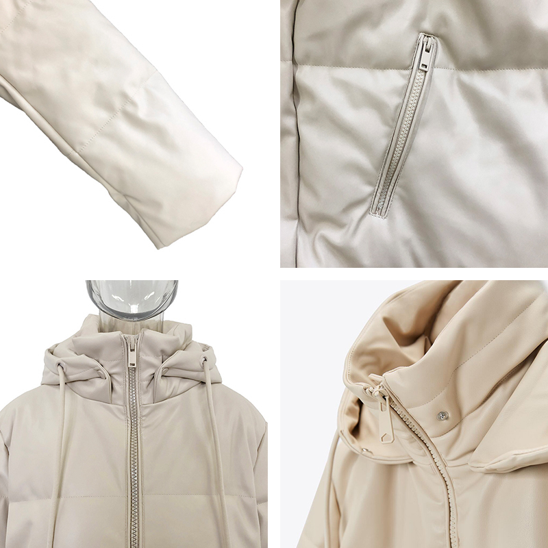 Parkas en duvet pour femmes Malina lâche à capuche mode Beige PU cuir manteaux fermeture éclair latérale fendue longue coton vestes dames 220909