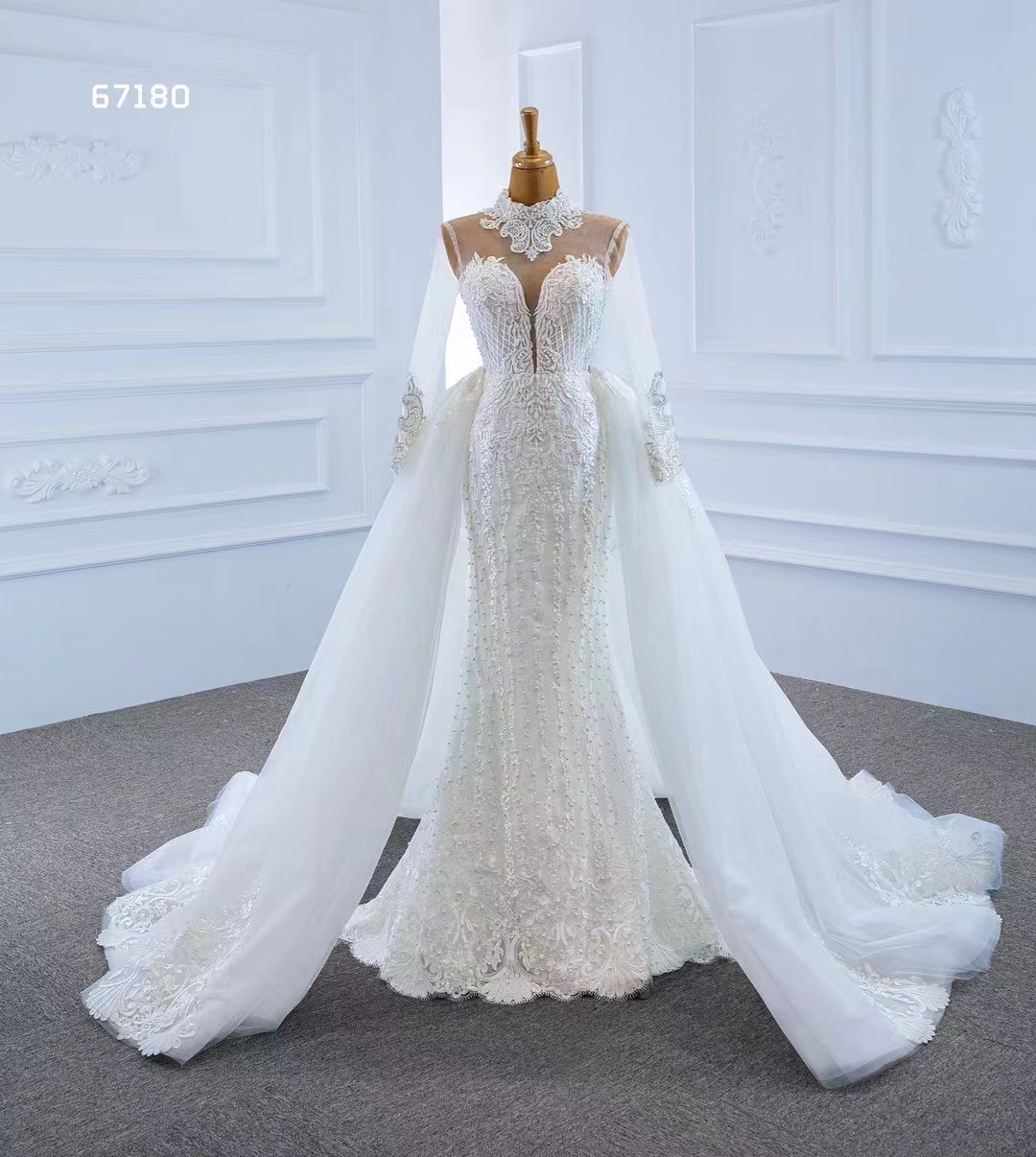 High Neck Quality Mermaid Lace Long Sleeve Detachable Train Wedding Dress Bridal Dress SM67180